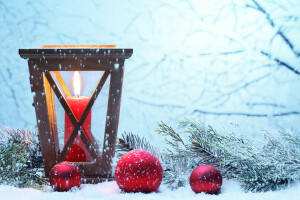 candle, Christmas, decoration, lantern, light, Merry, New Year, snow