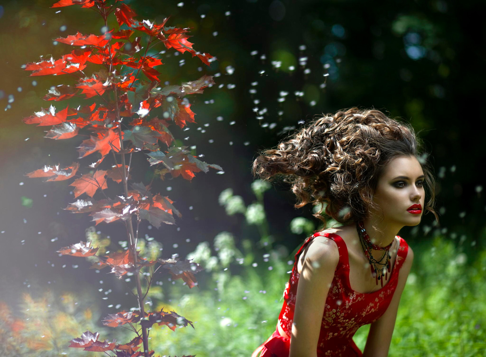 herfst, natuur, gezicht, haar-, lippen, lippenstift