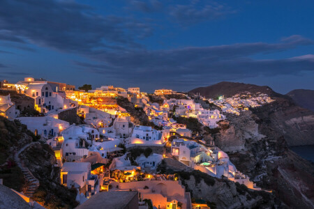 Grecia, hogar, isla, luces, noche, Santorini