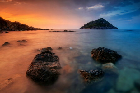 beach, island, sea, stones, sunset