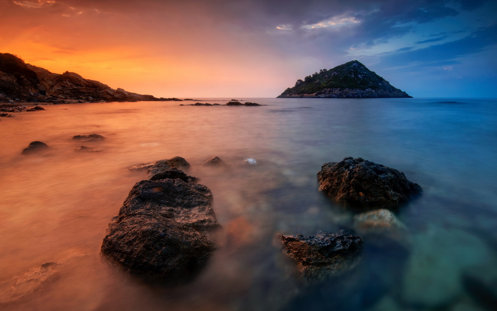 le coucher du soleil, plage, des pierres, mer, île