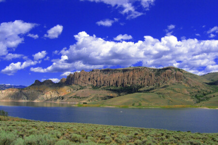 boat, clouds, grass, lake, Mountain, plateau, river, the sky