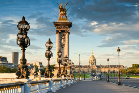 arquitetura, Avenida, França, luzes, Palácio, Paris, Pont Alexandre III, rua