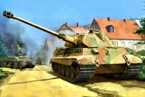 Zwaar Panzer Bataljon 503, weg, struik, rook, De tweede Wereldoorlog, De Wehrmacht, Westfront, М4 Sherman