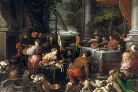 animaux, genre, Leandro Bassano, Mythologie, gens, image, L'homme riche et Lazare