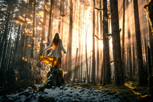 las, dziewczyna, Lizzy Gadd, śnieg, słońce