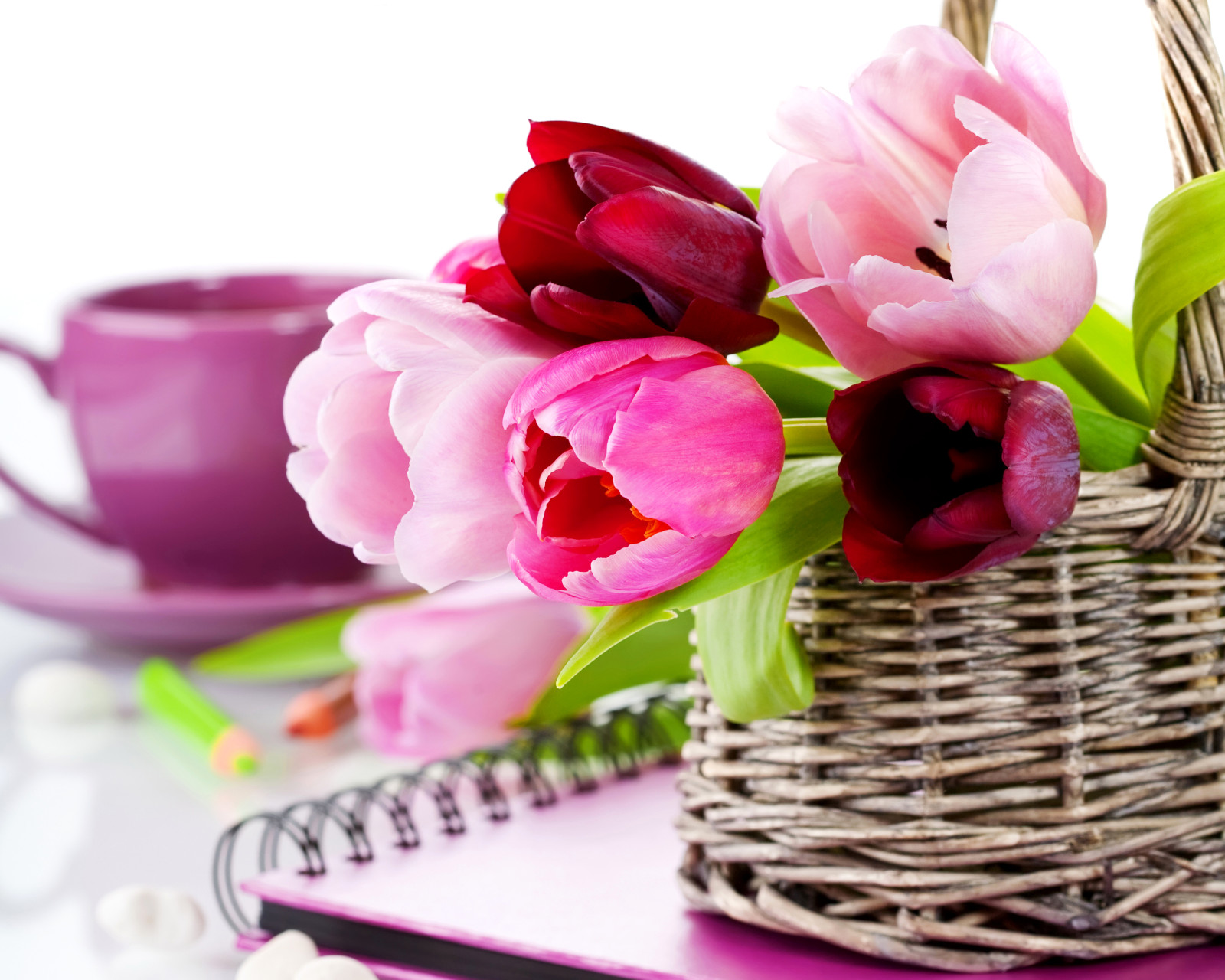 flowers, tulips, photo, basket, closeup