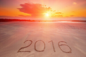 2016, playa, cifras, contento, Año nuevo, arena, mar, puesta de sol