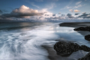 strand, felhők, horizont, tenger