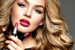 rubia, chinos, cara, peinado, lápiz labial, Mira, maquillaje, modelo