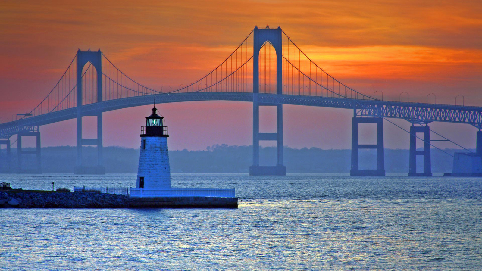 Lighthouse, Bridge, USA, Rhode Island, Newport, Claiborne Pell