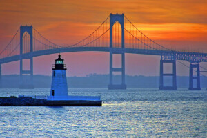 Bridge, Claiborne Pell, Lighthouse, Newport, Rhode Island, USA