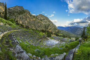 Delphi, Grécia, montanhas, mar, declive, vale