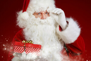 background, beard, coat, gift, glasses, hat, holiday, mittens