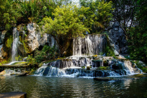 cascade, forest, river, stones, trees, waterfall