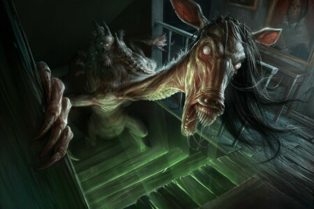 creepy, demoniac, horse, humanoid creature, stairs