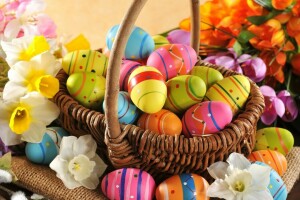 colorful, Easter, eggs, flowers, happy, holiday, spring, wood