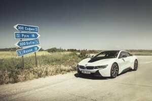 BMW i8, Ön, gölge, İşaretler, güneş, gökyüzü, tekerlek