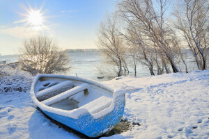 barco, Navidad, escarcha, Año nuevo, nieve, invierno