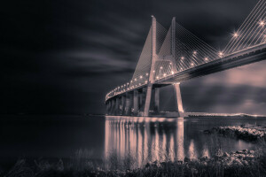 Bridge, lights, night, Portugal, support