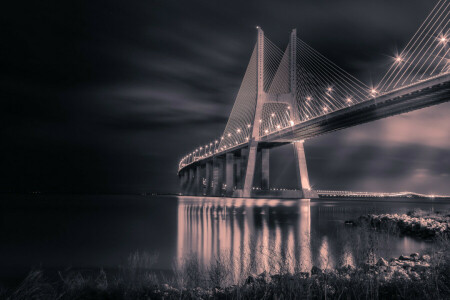 Puente, luces, noche, Portugal, apoyo