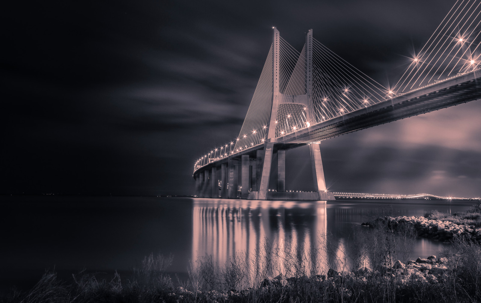 lichten, nacht, Brug, Portugal, ondersteuning