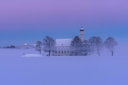 Alps, Bavaria, Bayern, Church, Germany, haze, mountains, Saint Coloman