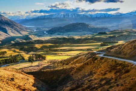 bulutlar, HDR, dağlar, yol, kar, gökyüzü, vadi