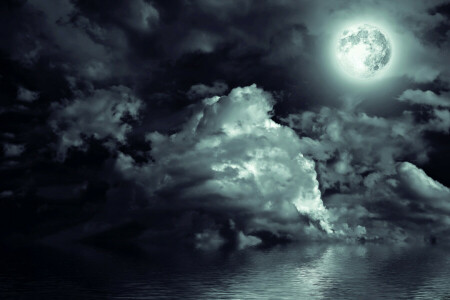 clouds, landscape, light, night, sea, The moon, the sky