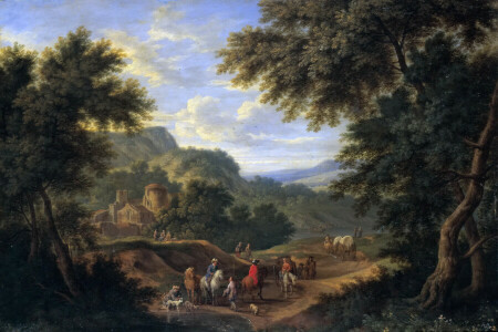 A landscape with Travelers, Adrian Frans Boudewyns, people, picture, trees