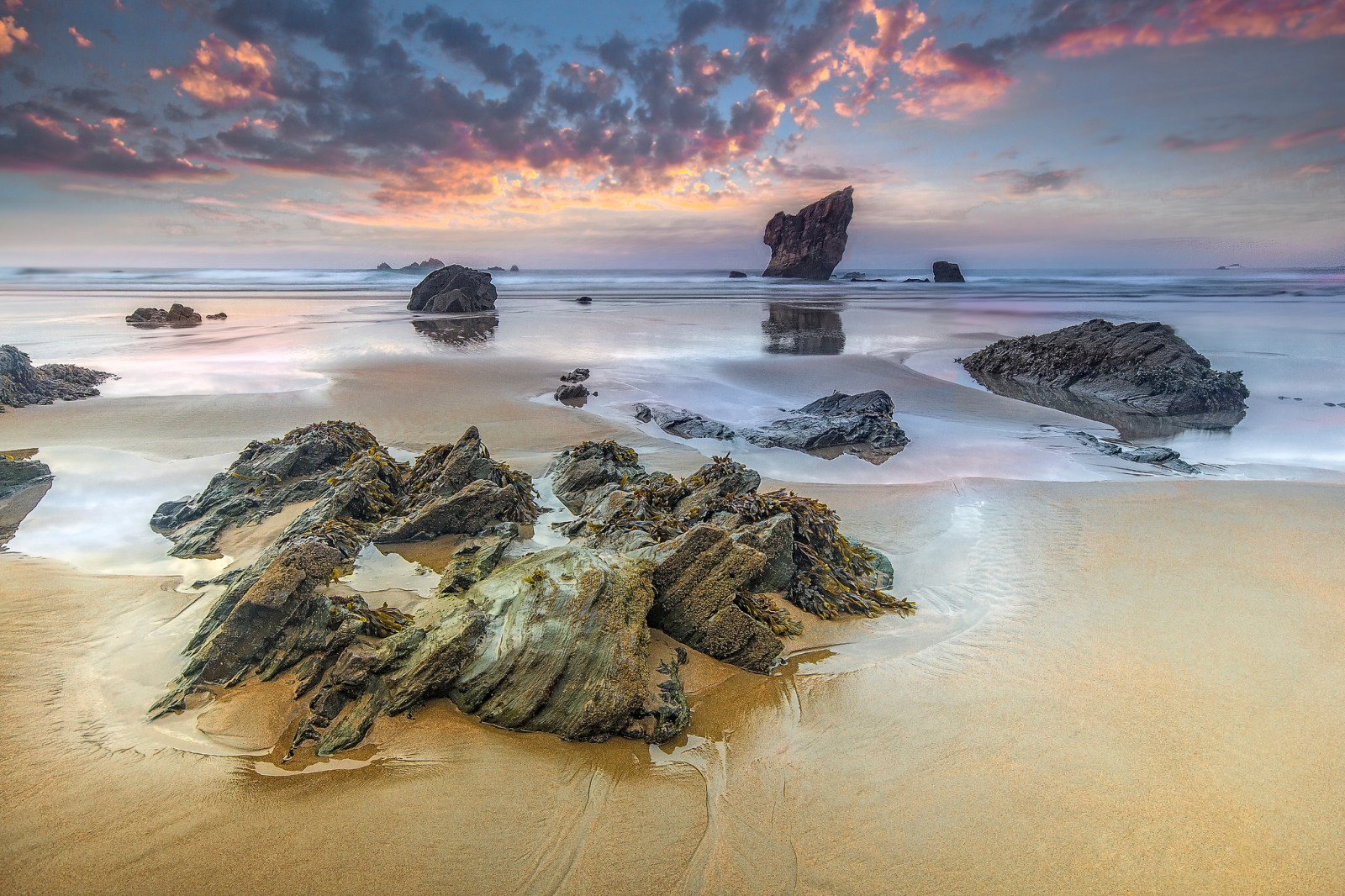 the sky, stones, sea, clouds, rocks, sand, Tide