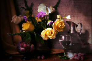 fleurs, des lunettes, les raisins, pivoines, photo, lanceur, des roses, Nature morte