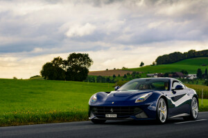 f12, ferrari, Front, lights, road, village, wheel