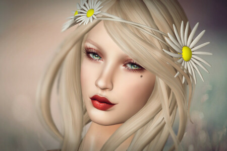 background, eyes, face, flowers, girl, hair, lips, look