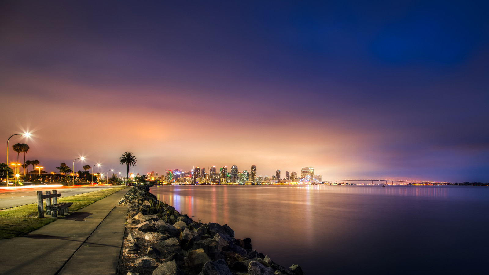 Straße, Wolkenkratzer, Steine, Meer, Beleuchtung, Nacht, Brücke, USA