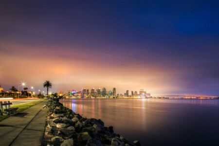 Bridge, coast, lights, night, road, San Diego, sea, shop