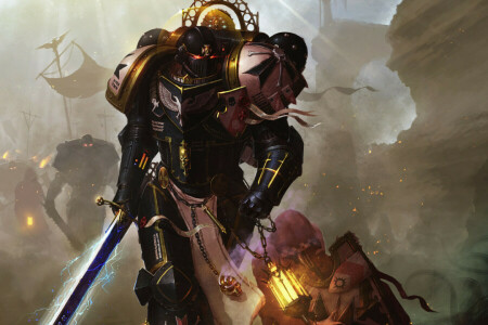 Black Templars, flags, lights, Power armor, sparks, Warriors, weapons