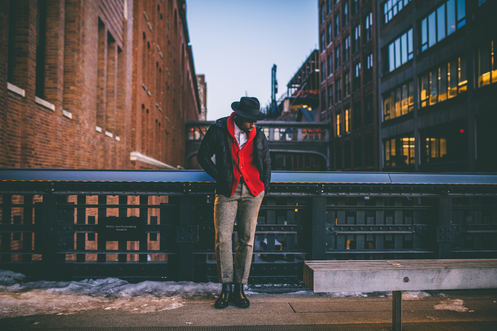 the sky, hat, Bridge, twilight, building, male, WINDOWS, sweater