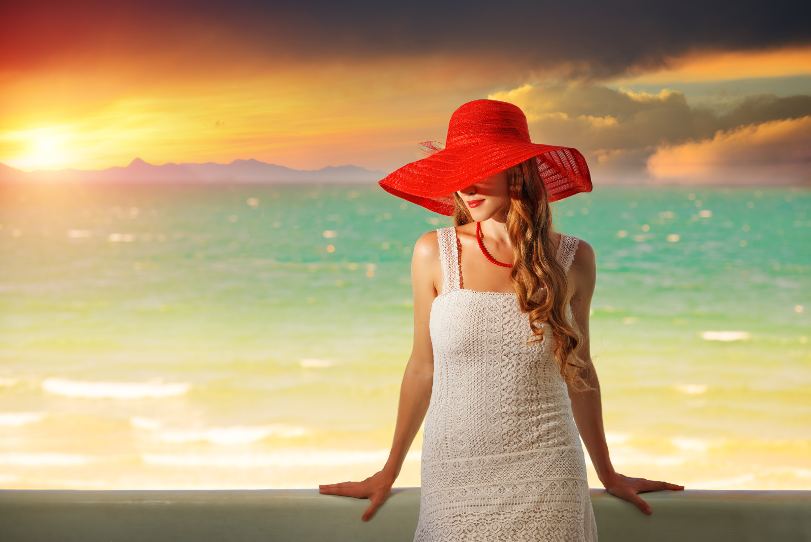 sunset, sea, model, hat, dress