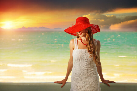 vestito, cappello, modello, mare, tramonto