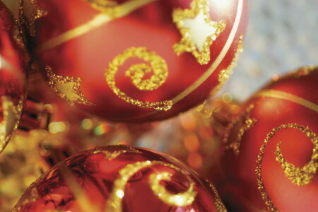 balls, blurry, decoration, gold plated, holiday, New Year, red