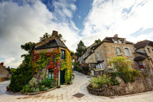 nuvole, fiori, Francia, verdura, casa, Saint Ceneri le Gerei, strade, i cespugli