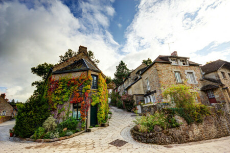 clouds, flowers, France, greens, home, Saint Ceneri le Gerei, streets, the bushes