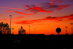 clouds, glow, lights, Sign, street, sunset, the city, the sky