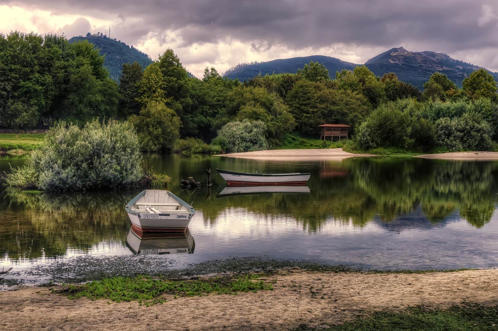 lake, beach, trees, mountains, boats