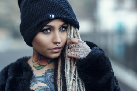 kasket, dreadlocks, ansigt, pige, se, makeup, model, piercing