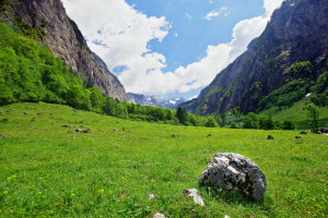 clouds, mountains, stone, the sky, trees