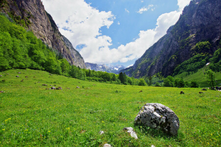 nuvole, montagne, pietra, il cielo, alberi