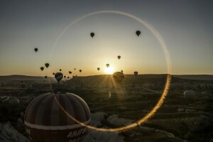 balloons, Desert, landscape, sunset