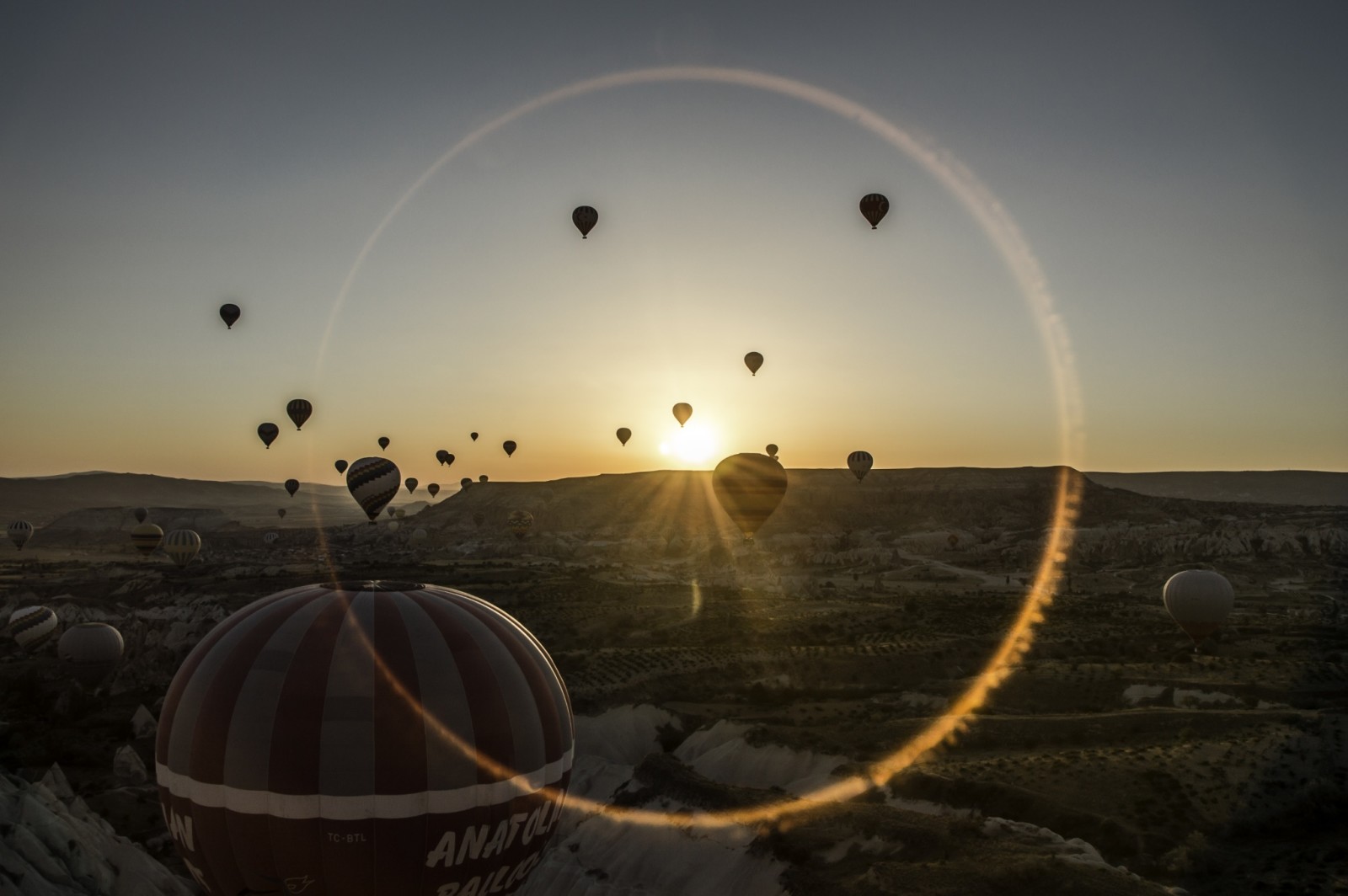 solnedgång, landskap, Öken, ballonger